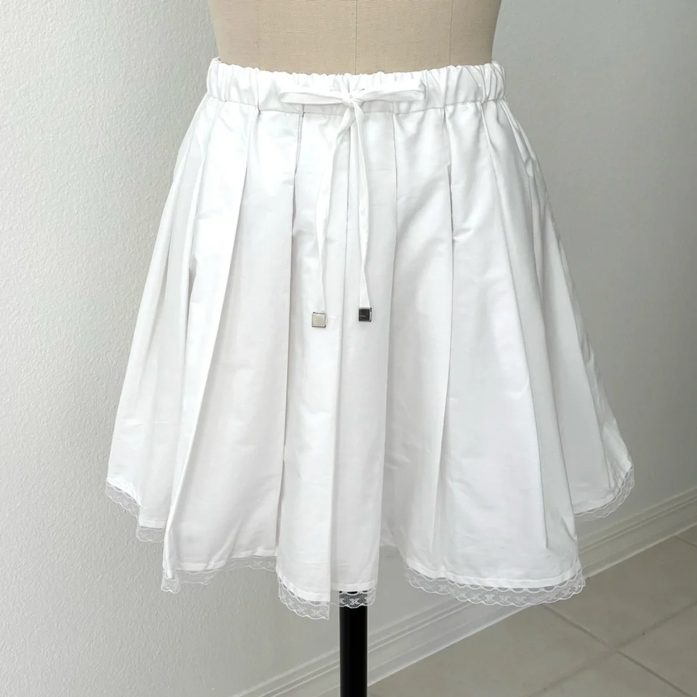 J.Crew Pleated Mini Skirt NWT White Cotton Pleated Elastic Waist Lace Trim L